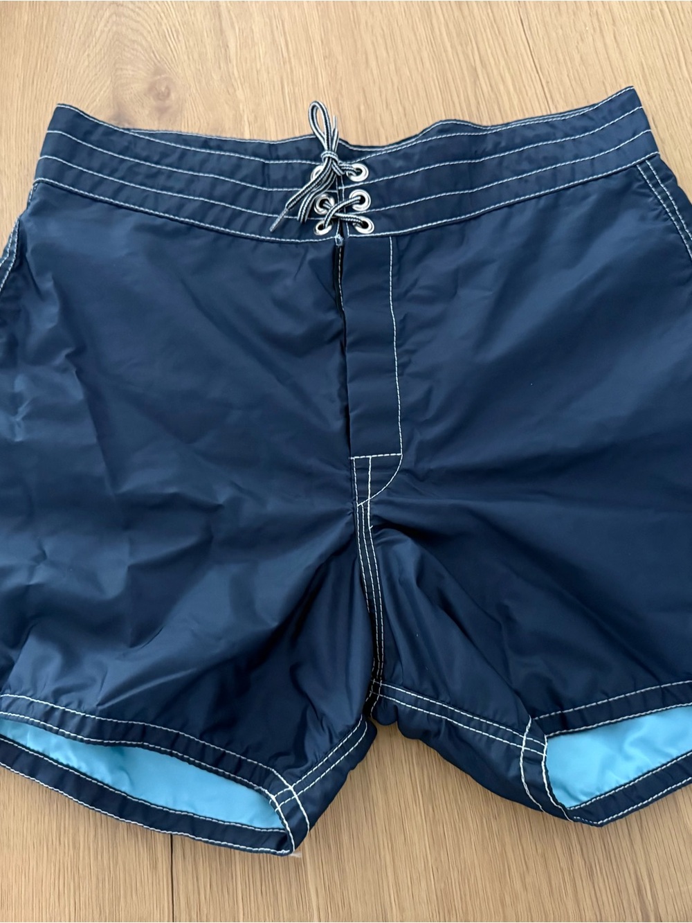 Iconic Birdwell Navy Swim Board Shorts with Light Blue Trim 32”